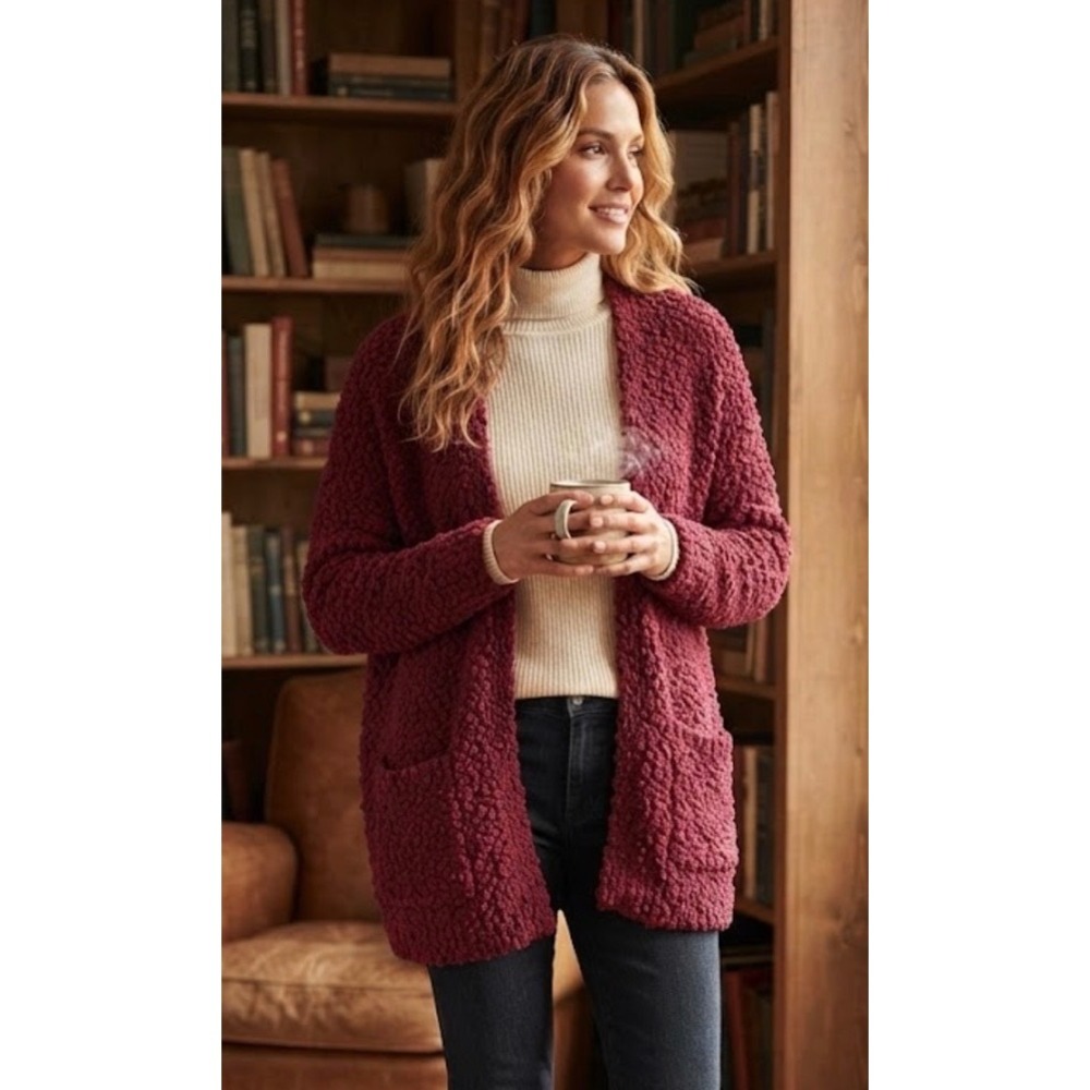 Umgee USA Burgundy Popcorn Knit Open Front Cardigan Sweater Pockets Large